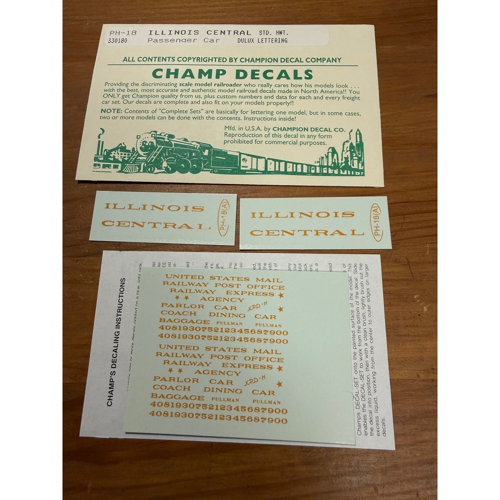 Champ Decals PH-18 Illinois Central Passenger Car Dulux Lettering Model Railroad